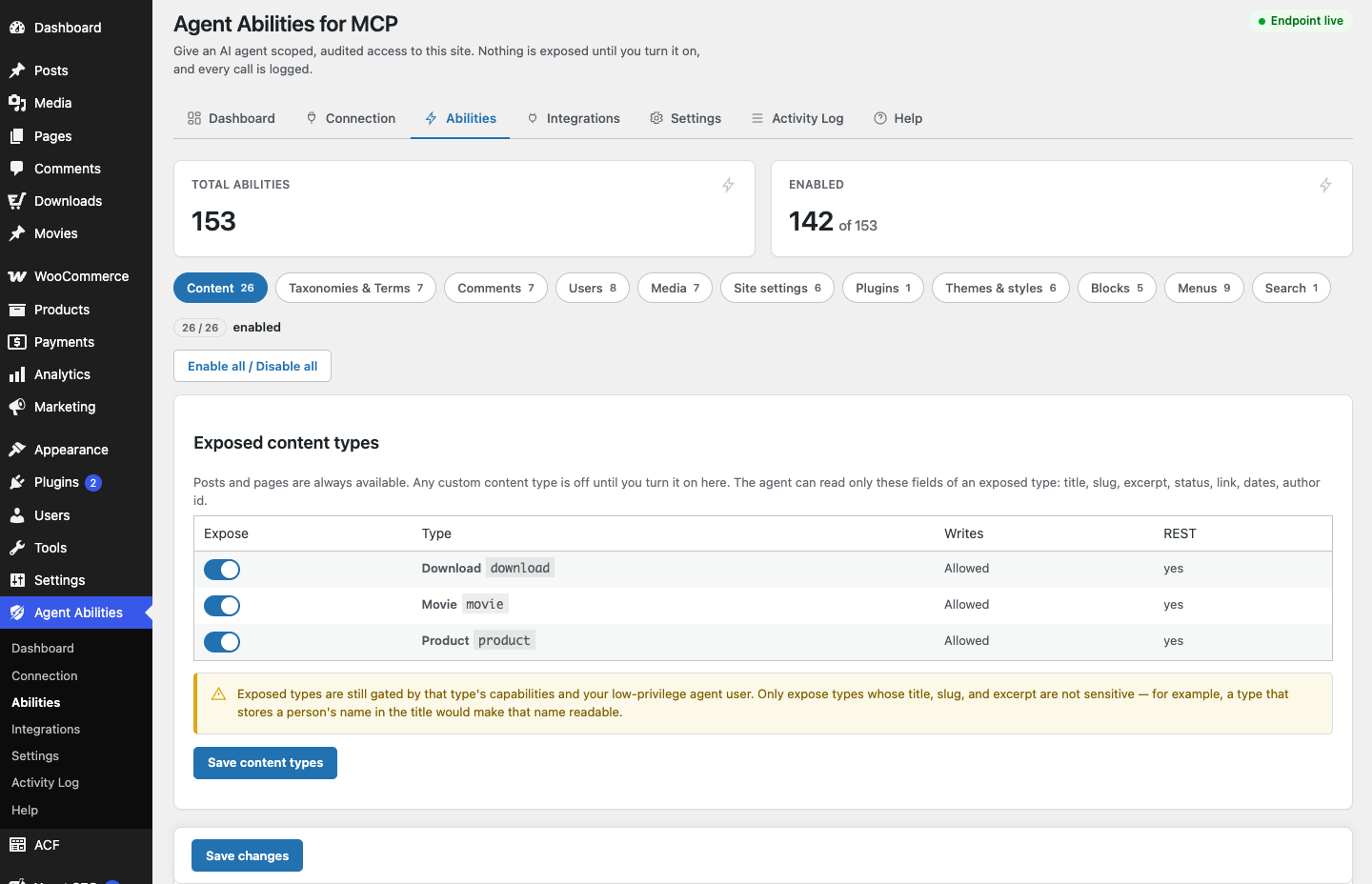 The Abilities tab in the plugin admin, showing the total and enabled counts, category badges for each group, and the exposed content types with their read and write settings