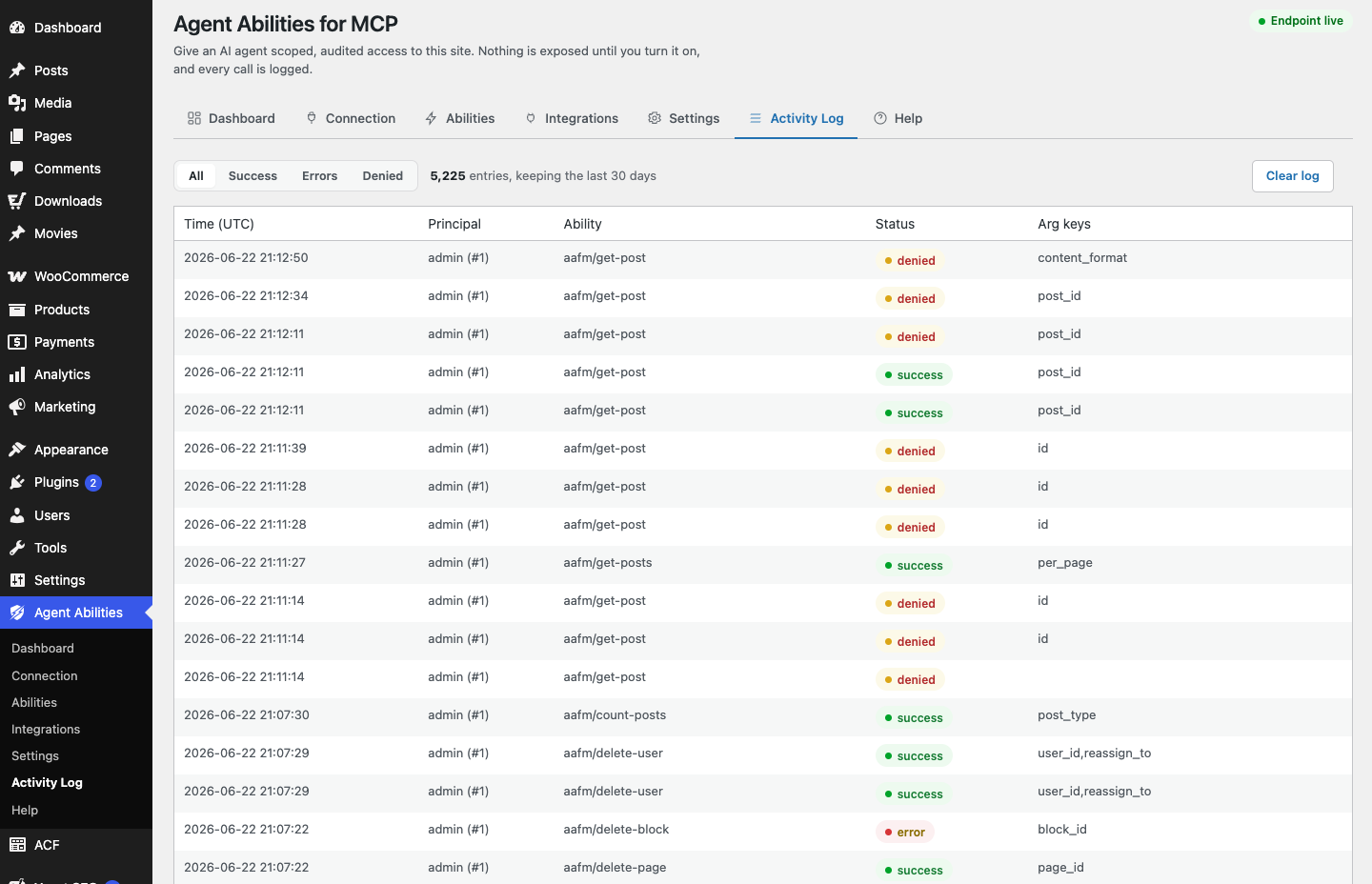 The Activity Log in wp-admin, with columns for time, principal, ability, status showing success, denied, and error, and the argument keys for each call