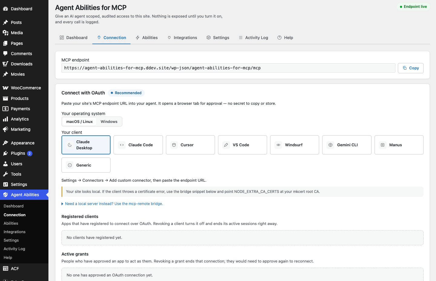 The plugin's Connection tab in wp-admin, showing OAuth, the macOS/Linux and Windows toggle, a card for each client it lists, and the registered clients and active grants