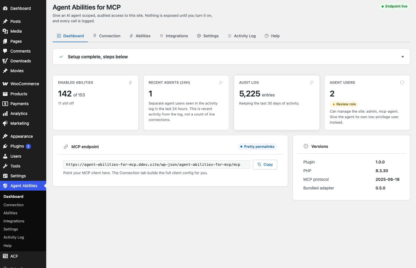 The Agent Abilities for MCP dashboard in WordPress admin, showing enabled abilities, recent agents, audit log entries, agent users, the MCP endpoint, and versions