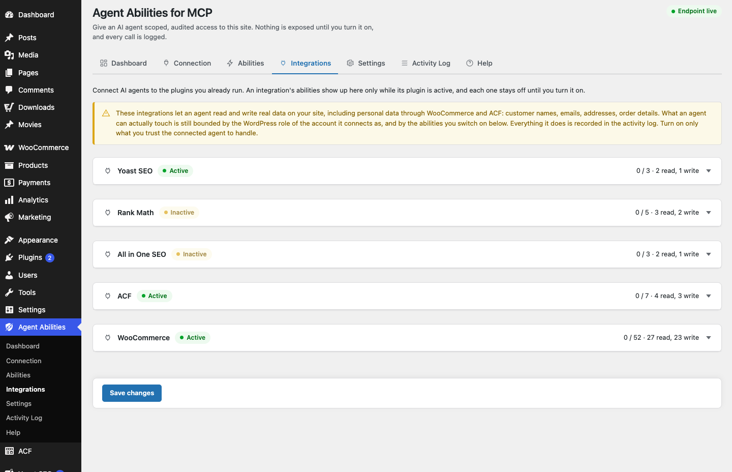 The Integrations tab in wp-admin, listing Yoast, Rank Math, All in One SEO, ACF, and WooCommerce with their read and write ability splits
